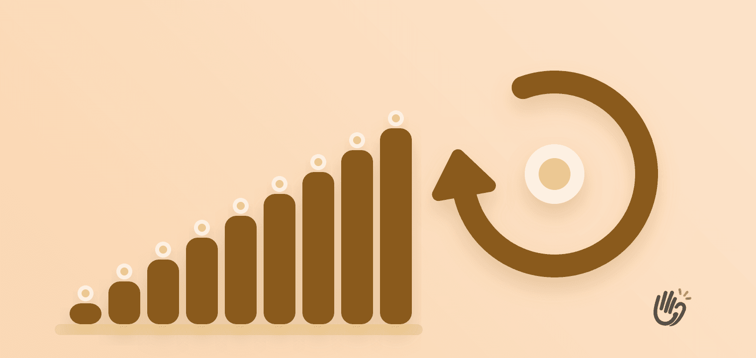 A staircase of nine small dark orange blocks climbing from the left, each with a pale coin resting on it, beside one large dark circular arrow loop on the right with a single pale coin at its centre