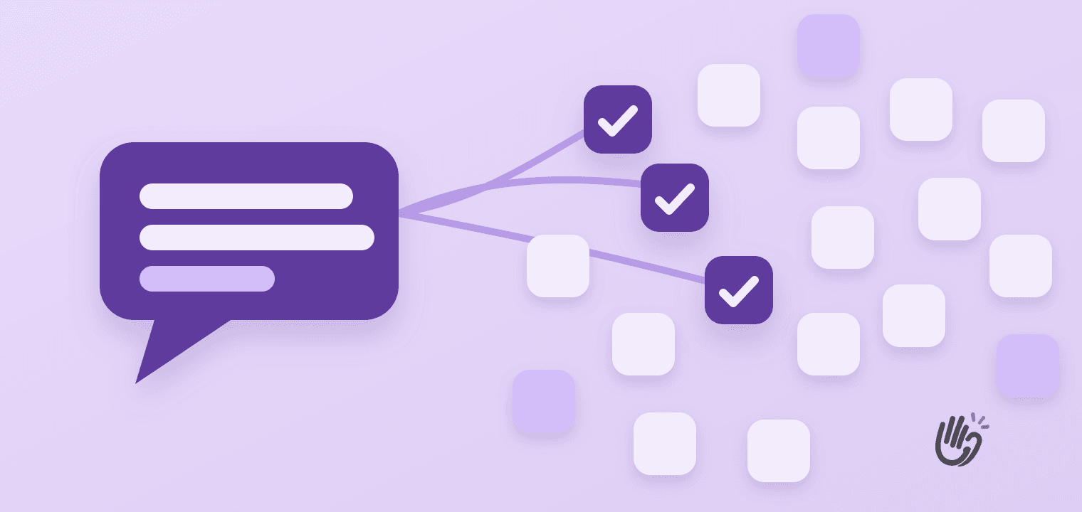 A large deep purple speech bubble in the lower left holding three pale rounded bars like a short sentence, with a thin line running from it into a loose cloud of pale lavender tiles on the right, three of which are filled in dark purple