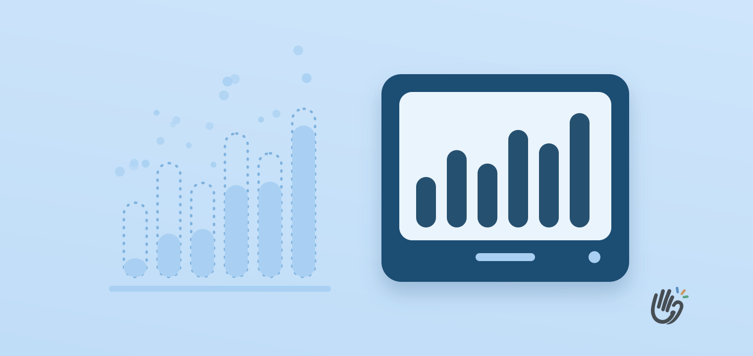 On the left, a pale bar chart drawn in dotted outlines, its older bars mostly emptied and dissolving into drifting blue dots; on the right, the same six bars shown solid and complete on the screen of a sturdy dark blue box