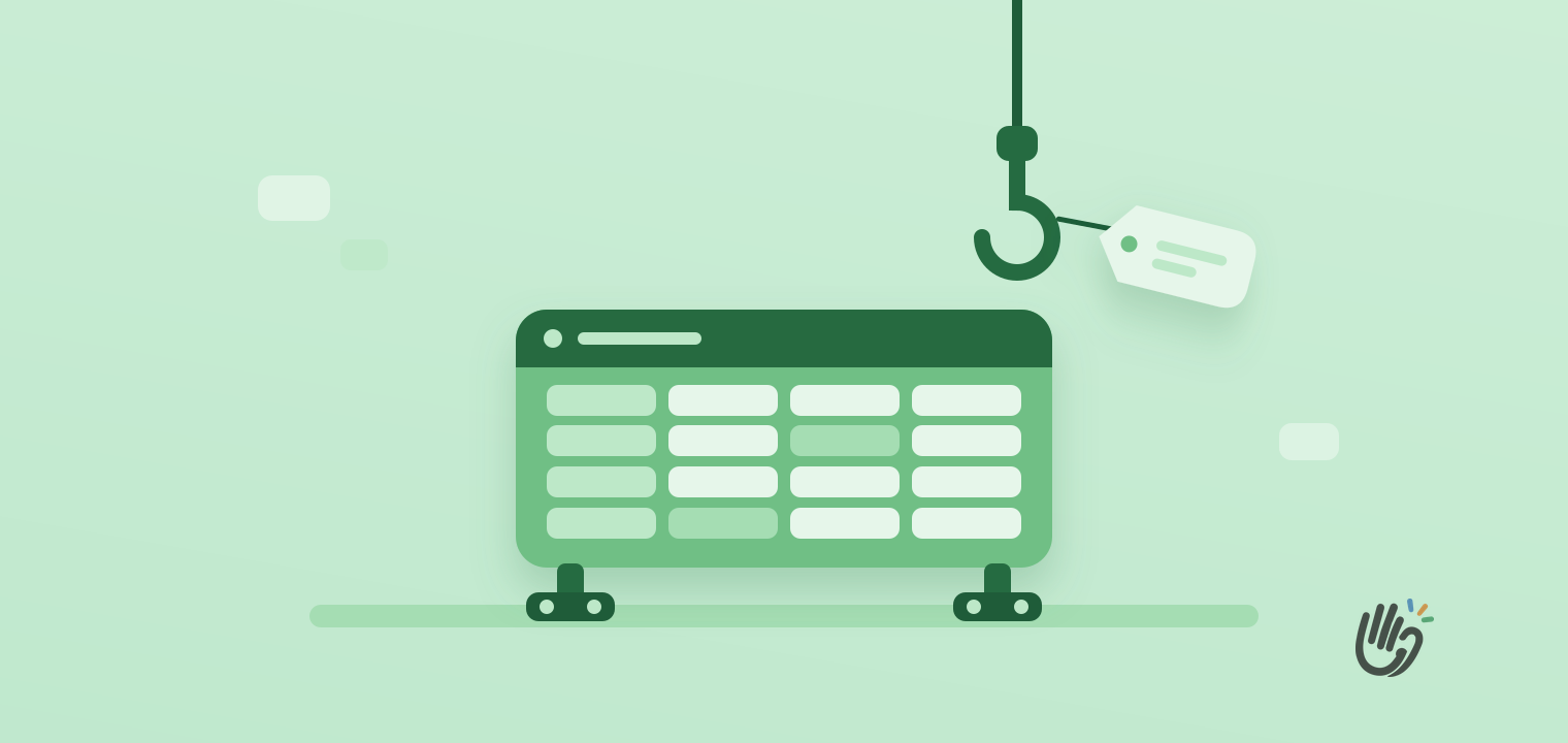 A dark green spreadsheet window standing on two short legs, its feet bolted to the floor with round bolts, while a crane hook on a cable dangles just above it trailing an empty price tag that has nothing to lift