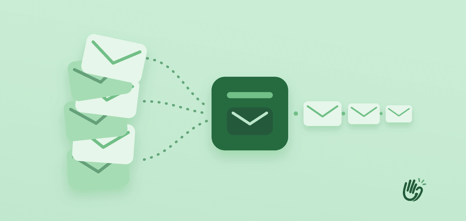 A tall, tilting stack of green envelopes on the left funnels down into one solid rounded box in the middle, which sends a neat line of envelopes off to the right