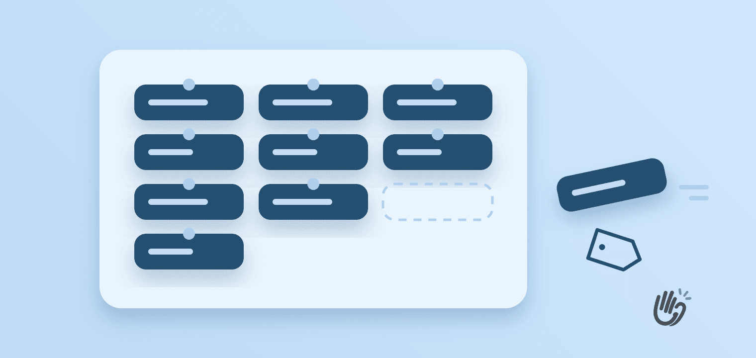 A large pale blue pinboard with three columns of small dark cards held by round pins, one more card flying in from the right edge towards an empty slot, and a tiny outlined price tag left behind outside the board