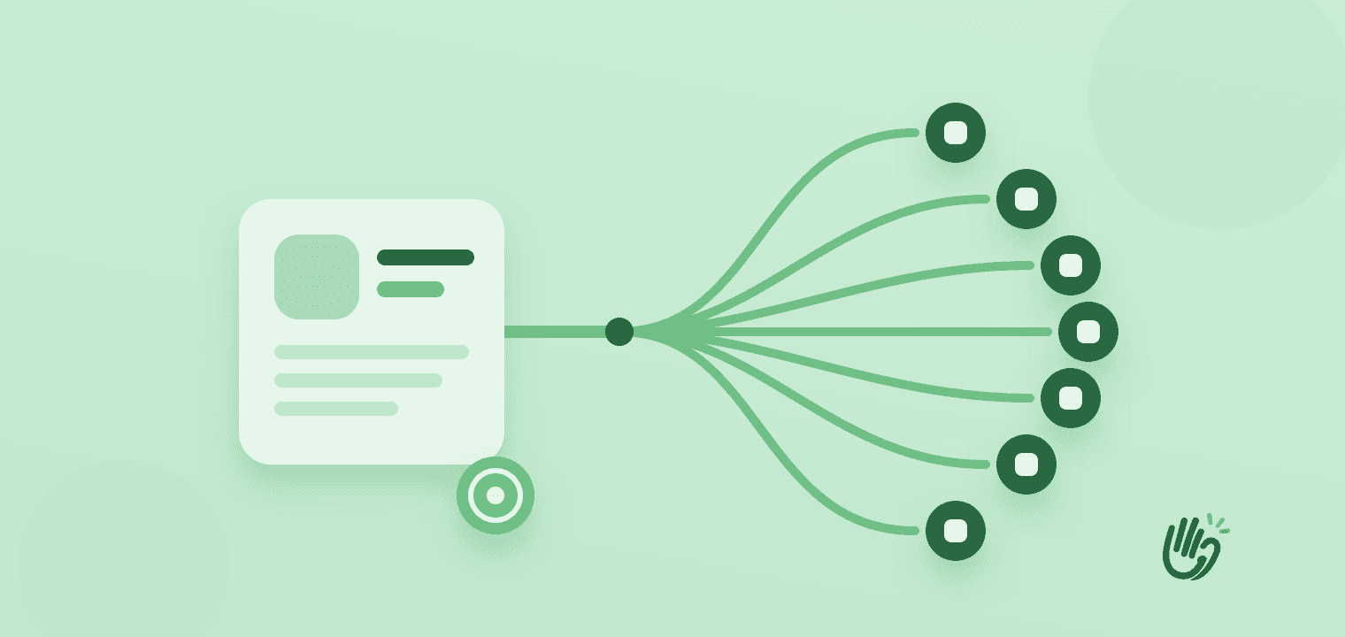 A pale green post card on the left with a single round coin resting at its corner, its one line running to a dark knot that fans out into seven curving branches, each ending at a dark green account bubble, with no toll or meter on any branch