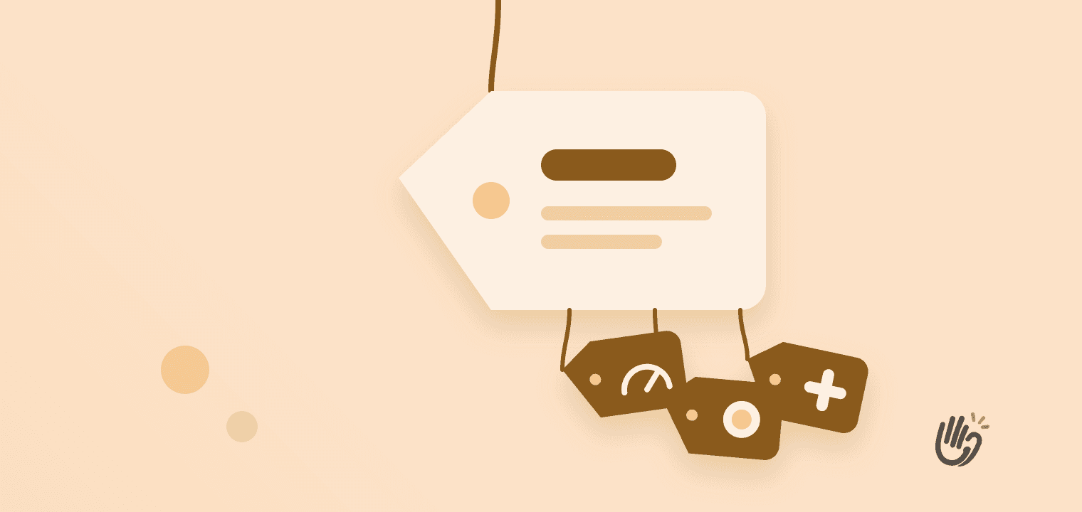 A large pale orange price tag hanging from a string in the centre, with three smaller dark price tags dangling from its bottom edge on their own strings, each marked with a tiny meter dial, coin or plus sign