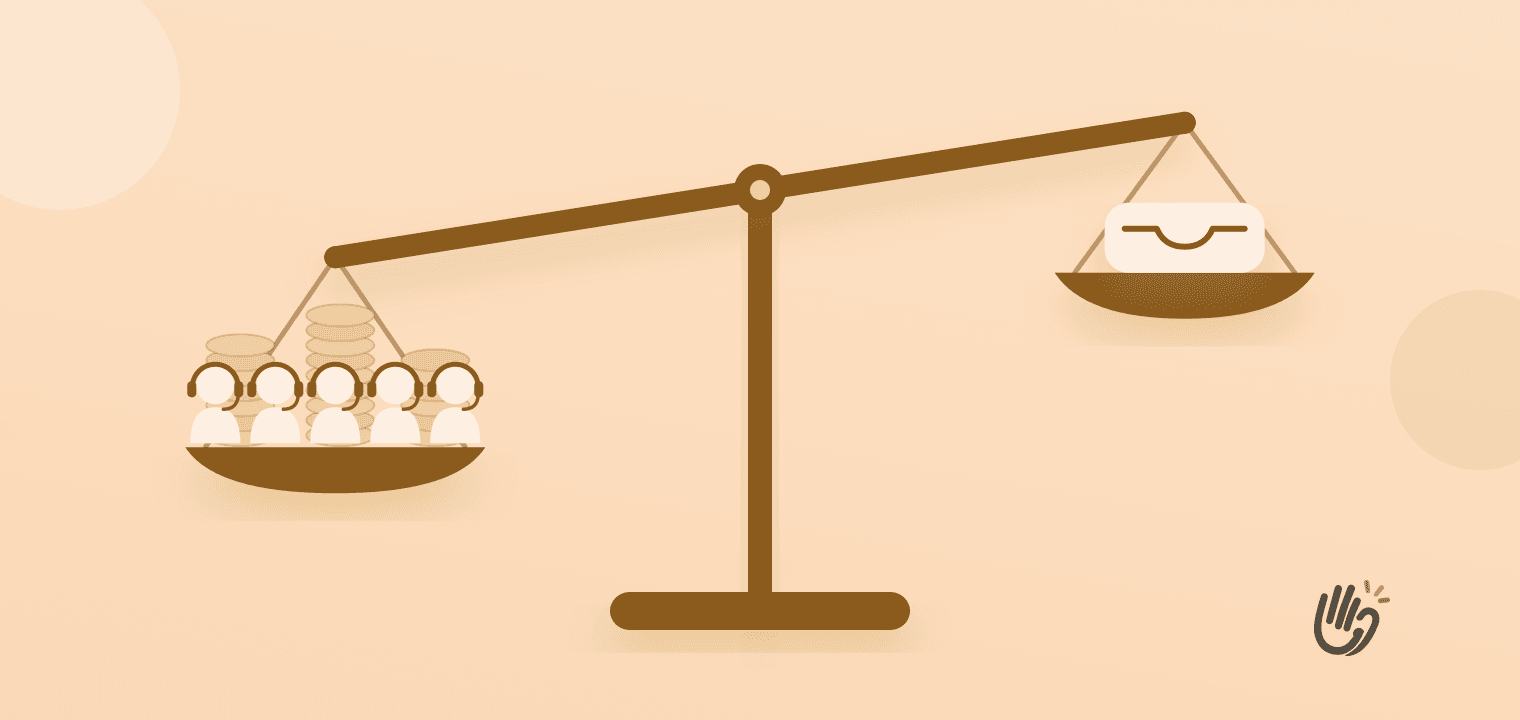 A balance scale tipped hard to the left, where five round agent avatars with headsets sit on a pan stacked with coins, while the right pan holds a single open inbox tray and floats up