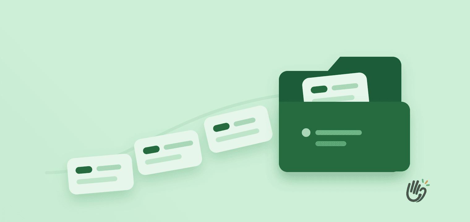 Four pale green request cards, each with a small dark method pill and a line of text, curving in from the left and sliding one by one into a large dark green folder on the right, with the folder's tab open