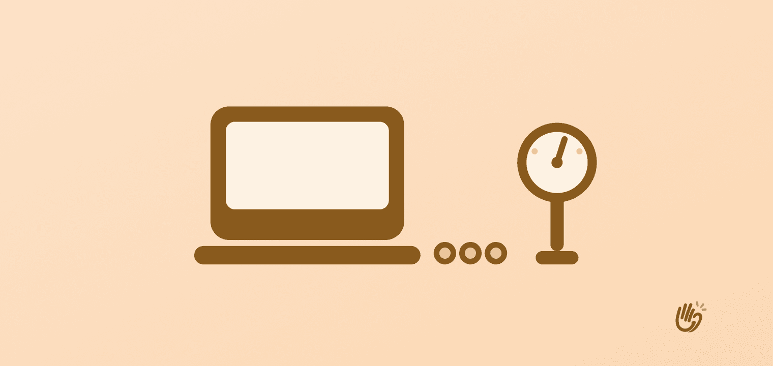 A rounded laptop with a parking-meter dial standing beside it, the needle near the top of its arc, and three coins on the surface between them